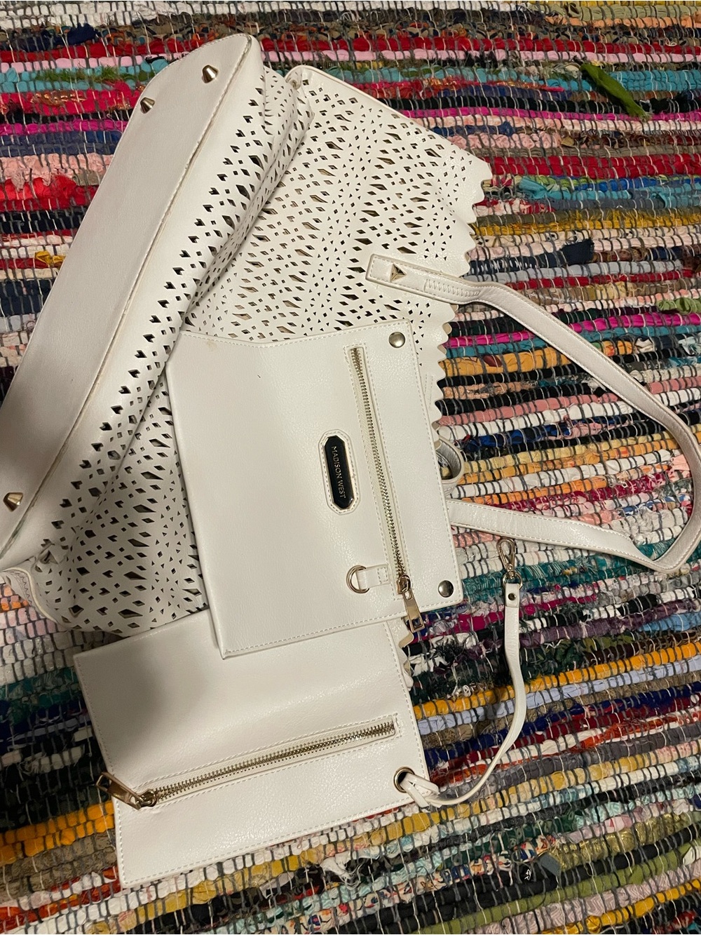 Madison West White Laser-Cut Tote Bag with Removable Pouch